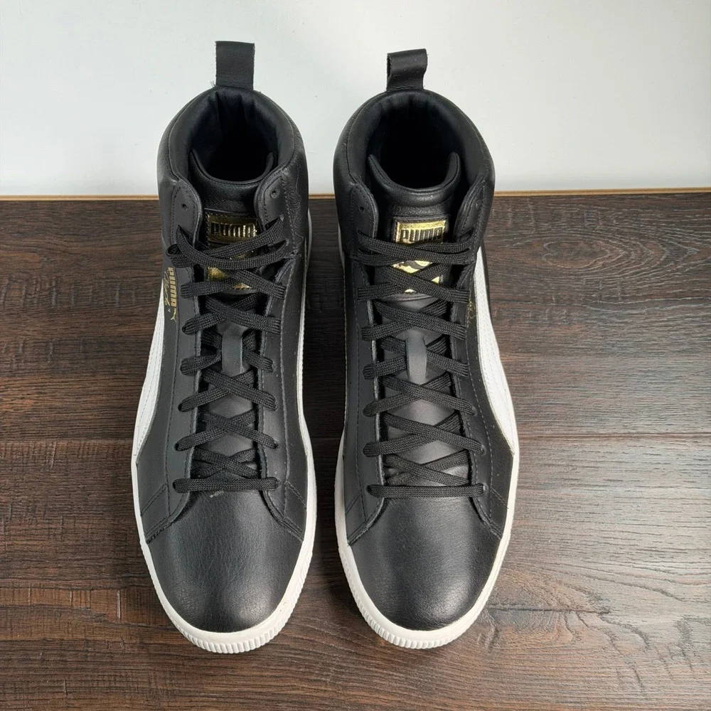 PUMA Clyde Hi-Top Sneakers‎ Mens 9.5 Black/White Retro Leather Classic Trainers